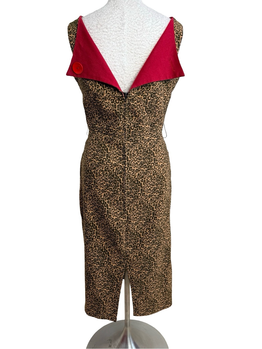 Bettie Page Leopard Midi Dress with Red Fold-Over Collar L